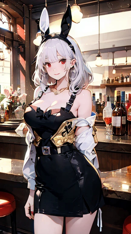(8k、Best image quality、highest quality、masterpiece)、Detailed face、 One girl、Dark silver hair、Long Hair、Wavy Hair、Grey Eyes、Earrings、evil smile、Large Breasts、((suit jacket))、((pink bikini))、((Black pleated skirt))、((micro miniskirt))、Cowboy Shot、counter、Wine Bottle、BAR Background
