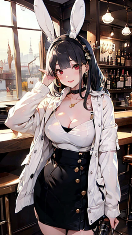 Exquisite, tmasterpiece, Beautifully meticulous, Colorful off-the-shoulder dress,LOP,, meticuloso, detailed lips, Complicated details, Large breasts, 1人の女性,(A beautiful 20 year old cute Korean woman:1.1),(K-pop idol, Korean mixed),(50mm sigma f/1.4 ZEISS lens, f1.4, 1/800s, ISO 100, photography of:1.1), (pony tails+black hair color hair:1.2),(realistically:1.4), (spy :1.2), (Open jacket,The shirt, a skirt, tics, black pantyhoses, Christian Louboutin \(Sponsored Brand\), :1.3),ear nipple ring,choker necklace,armlets,(Liman, ports:1.2), (pretty legs, Tall lady, Skinny, Slim_law, upper legs_the gap, Good role model:1.2), lens flare glow, seen from the front, (Happy smile:1.1), dynamicposes, (cosmetics:1.2), Sit on the bar stool,