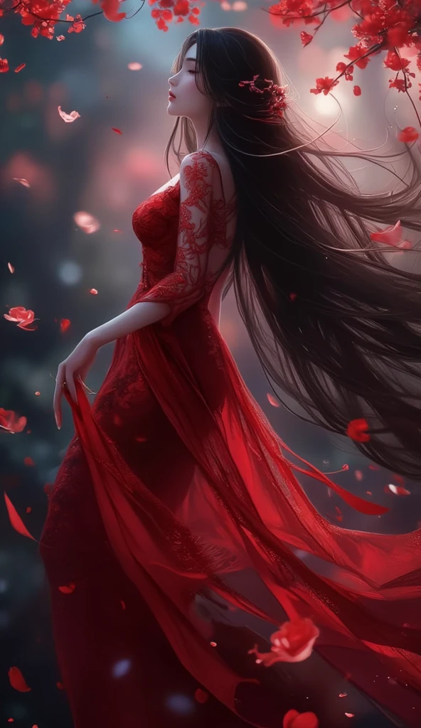 Anime characters, top manga master works, full body back pose, manga artwork, art of the body, a woman in a red robe, very ethereal, an ethereal stillness, incredibly ethereal, "ethereal, dreamy hazy, back view, ethereal and dreamy, fantastic medium portrait top light, eerie, soft ethereal light, dreamy and ethereal, ethereal, 8k wallpaper."