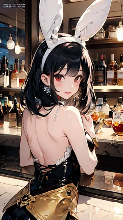 Girl、smile、Bunny girl、Bunny ears headband、Fishnet tights、Long Black Hair、sexy、bar counter、Colourful wine bottles