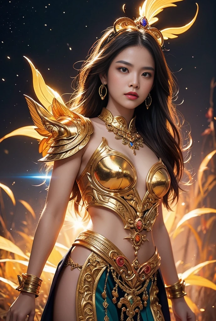 (((work of art, best qualityer: 1.2), A girl with phoenix wings standing in a ring of fire, beautiful and symmetrical face, with bright red eyes, phoenix, lotus flowers, red rose gold, gold mini underwear, Mountain sunrise to the bottom, Ancient porcelain buildings)),sexy and seductive look