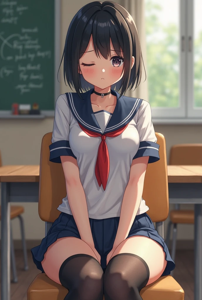 nsfw,alone, (One girl), Elementary school girl,8-year-old, sexy, (Cowboy Shot), (wearing only the top half of sailor school uniform)、 ((Put your arms behind your head)), classroom, With a girl:hair is black and short, Her face is round and cute, Black Hair, short hair,(Shy, Embarrassing),(Sit on a chair)、Spread your legs、Beautiful nipples,Small breasts、(bukkake,Bukkake),((cum on bodybukkake,cum in Pussy,creampie)),Black thigh-high socks、((Drooling,drool)),