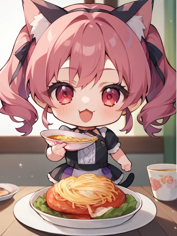 score_9, score_8_ up, score_7_ up, score_6_ up, score_5_ up, Anime,nsfw, Uncorrected ,( chibi:1.3), with long pink hair、has a gothic ta vibe。is wearing a sexy dress、Cat Mimi and Cat Tail,has very pale red eyes、in 2D illustration format、is styled like a VTuber, ramen on the table,Eating ramen with chopsticks,Super happy,Pretty Cure style,glitter,Heart Particles,