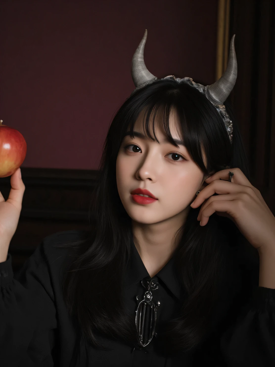 ((RAW Photo), absurd, (absurdresolution)), masterpiece, best quality, (Extremely detailed 8k unity CG wallpaper), (best illustration), (best shadow), Realistic lighting, beautiful detailed glow, ((21 years old)), girl, long black hair, black queen, accessories, apple in hand, poisoned apples, witch queen, red lipstick, (((Photographic Perspective of her)))