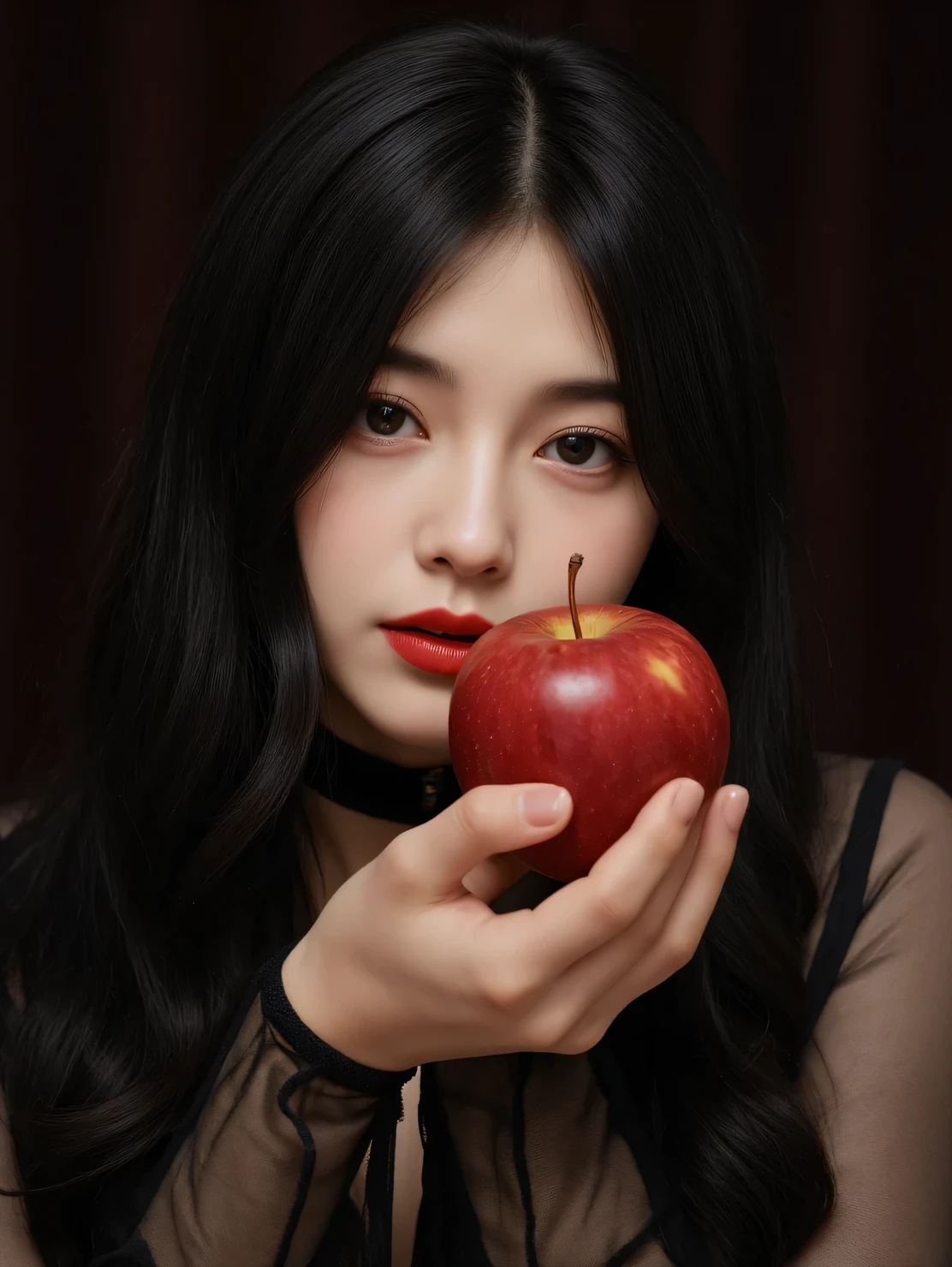 ((RAW Photo), absurd, (absurdresolution)), masterpiece, best quality, (Extremely detailed 8k unity CG wallpaper), (best illustration), (best shadow), Realistic lighting, beautiful detailed glow, ((21 years old)), girl, long black hair, black queen, accessories, apple in hand, poisoned apples, witch queen, red lipstick, (((Photographic Perspective of her)))