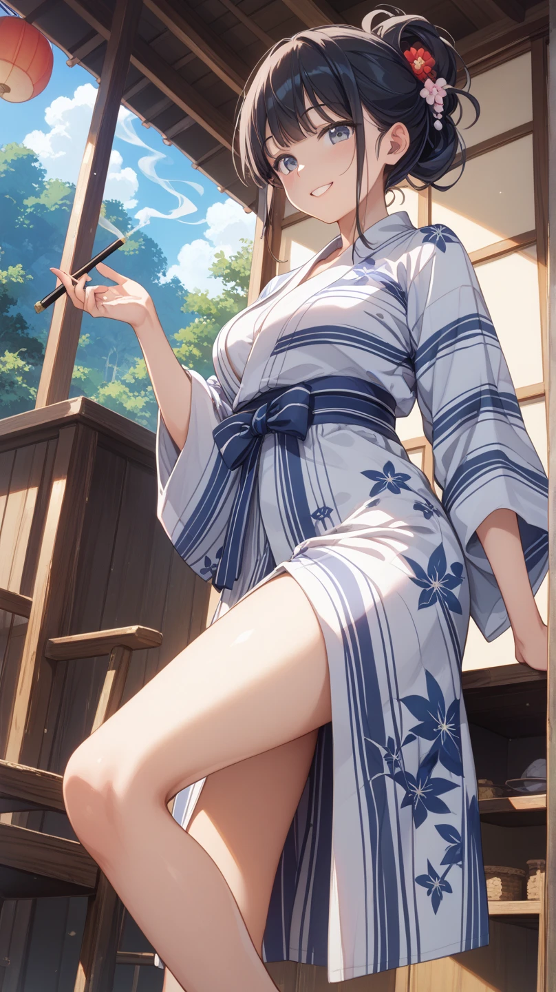 1girl, White hair, Purple eye, sportrait, photorealestic , stockings Young woman, (onsen), sidelighting, wallpaper, nsfw, naked breasts , white skirt , beatiful legs