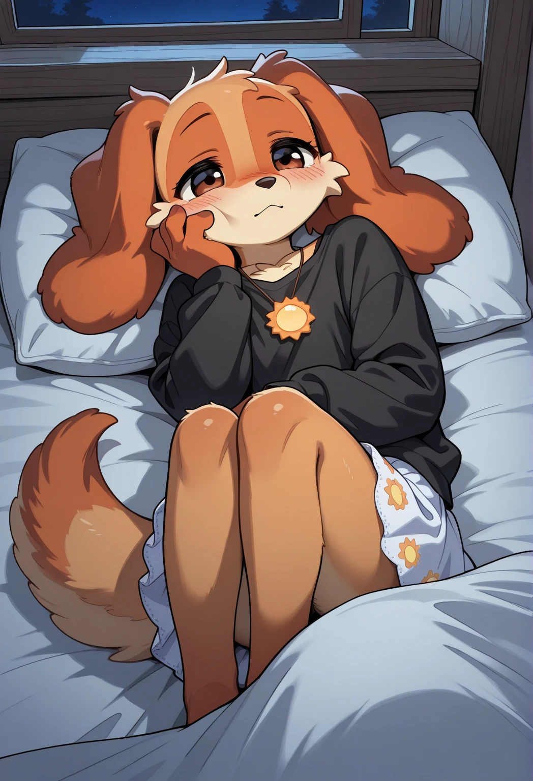 [kitty katswell], [Uploaded to e621.net; (Pixelsketcher), (wamudraws)} ((masterpiece)), ((highres)), ((HD)), ((solo portrait)), ((full body)), ((bird's-eye view)), ((side view)), ((feet visible)), ((furry; anthro)), ((detailed fur)), ((detailed shading)), ((beautiful render art)), ((intricate details)), {anthro; (slim figure), (beige fur), black nose, (both eyes closed), (long eyelashes), short black hair, (long fluffy tail), (curvy hips), (thick thighs), (beautiful legs), (beautiful feet), (blushing), (sleeping expression)}, {(white tee shirt), (black yoga shorts), (white hairband)}, {(laying on bed), (laying on side), (sleeping}, [background; (living room), (window), (blue sky), (sun rays), (ambient lighting)]