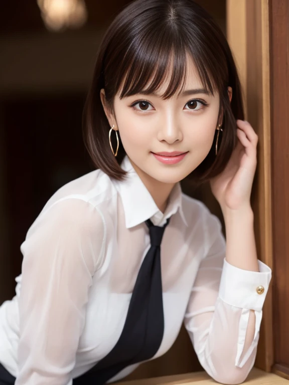 (masterpiece)、(Highest quality:1.5)、(Photorealistic:1.2)、(Surreal), (High resolution), (Realistic), (Post-processing),(Sharp focus), Sharp focus:1.2,Backlight, (Improvement of quality:1.4), (Narrow waist)、Big Ass、((Perfectly detailed five-fingered hands)),(Anatomically correct body)、((1 female:1.4))、Japanese、Realistic Skin、(Small chest:1.4)、Bust size is A cup、Pretty woman with perfect figure:1.4,(from the front:1.5), (Enhances the beauty of skin texture:1.1),No makeup、美しいBlack Hair、The best smile、Natural color lip、(Small Mouth:1.4)、The mouth is not open、Thick lips、(Oval Face)、Even bangs、Hide eyebrows with bangs、((33-year-old woman))、Bob Hair、Hair blowing in the wind, (Black Hair, Iris, Watery eyes, Shining Eyes, Bob Cut Hair, Small earrings,), Hair behind the ear、No makeup、(Drooping eyes)、(((One lovely woman)),((A big friendly smile)),(( Small breasts,Small breastsの谷間)),((((Plump Cheeks)))),((whole body:1.5)),very cute,(Baby Face),高級restaurantで、full-course dinner、Wine Party、Bright image、The beauty of wine, Beautiful Face, red wine 、Appetizers、Italian food、Wine bottle、Champagne、sparkling wine、(slimな顔), (The body is slim),restaurant, White wine, slim, wine glass, 中央に置かれたwine glass, Beautiful fine grain, Depth f/2,saturation, High Contrast, Strong light and shadow,Moist Body:1.5、3D texture、Delicate eyes、((In front of the food on the table:1.5))、White collar shirt and tie、erious expression