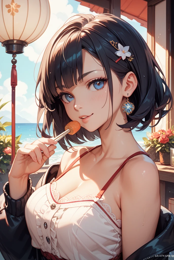 Highest quality、Highest Resolution、Highest quality、16Ｋ、A beautiful woman eating breakfast、Cute face、Delicate face、Looks happy、Bob cut hair、Dark Hair Color、Pale blue eyes、Beautiful breasts、Beautiful Nails、hamを食べる、ham、delicious、breakfast、