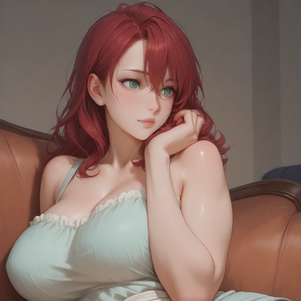 (masterpiece:1.2, best quality), realistic, (real picture, intricate details, depth of field), (1girl, solo), make up, parted lips, highly-detailed, gorgeous perfect face, (huge breasts:1.8), (skindentation), thick thighs, (wide hips), average waist, tall, Luscious red lips, (Long Voluminous Wild Scarlet Red hairs), beautiful blue eyes, (sweating:1.2), (wet), sexy, blushing, (Adult Temptress) Voluptuous, Curvy, (Seductive dynamic pose) (Hanging breasts), (Deep Cleavage), (Disproportional tits), Lustful gaze, Sultry Woman, Temptation