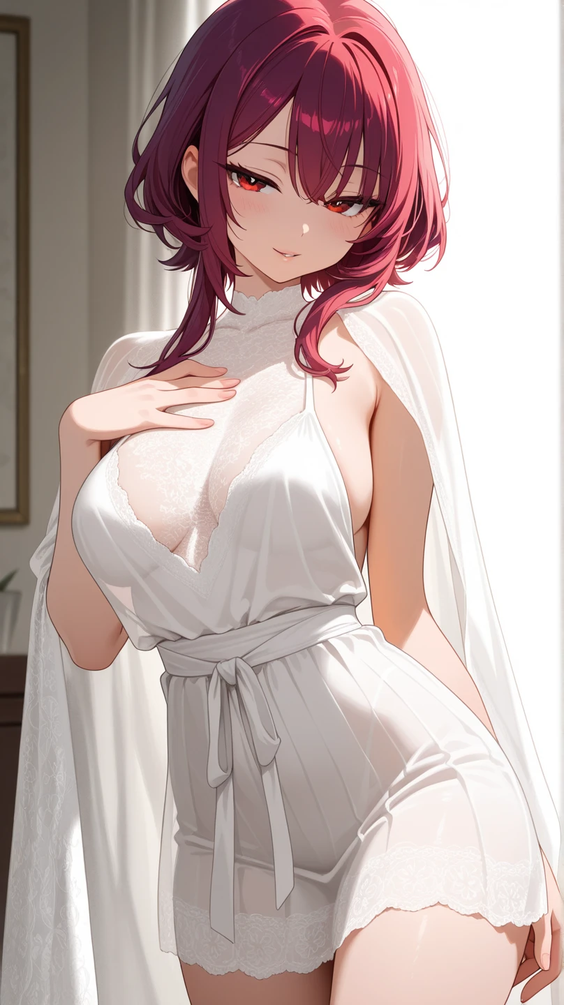 ((masterpiece)), ((best quality)), ((illustration)), ((anime coloring)), ((8k)), nsfw, vulgarity, (large pointy breasts), narrow waist, ((detailed lacework sheer wedding dress)), stockings, cute, a anime 20s female, ((dark skin:1.4)), red hair, green tale, ponytail, smile, ((front view)), bedroom, night,