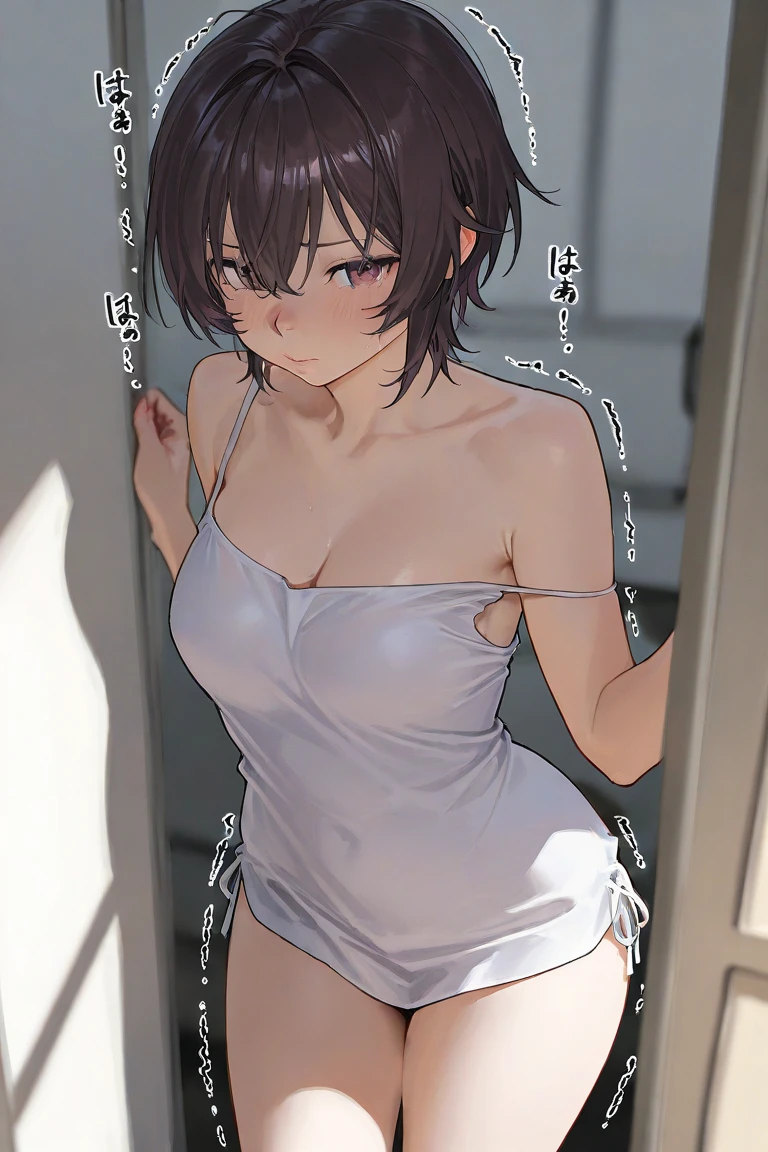 、(masterpiece、Highest quality)、Highest quality, Ultra-high resolution, (((masterpiece))), alone, Sweat、Big eyes, Composition from the front、Shortcuts、Embarrassed face、Bronze colored hair、Cut the back hair short、Bathroom、Shower scene、 Expose、Completely 、pubic hair、belly buttorge areola、Nishort h
