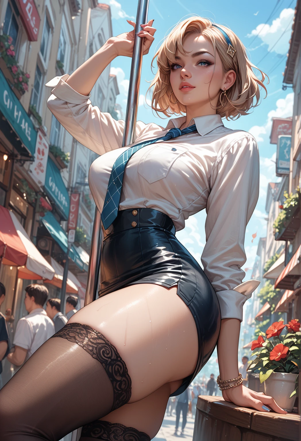 Unbeatable masterpiece，Ultra-realistic 8k CG，Perfect artwork，（1girll：1.1），独奏，（（Perfect female image）），（NSFW），looking at viewert，a mature female，Bimbo（Android18）standing on your feet，（teasing），best qualtiy：1.1，tempting pose，a sexy pose，Tempting，（big breasts beautiful），（curves），（bushy），blond hairbl，（eBlue eyes：1.2），short detailed hair，耳Nipple Ring，jewely，denim vest，Open the vest，black pantyhoses，black shirt，Denim skirt，Striped long sleeves， blue skirts， Toned legs， suits， （Abs：1.1）， （big assa：1.4）， Peach butt， （atheletic body：1.2）， （Large breasts：1.3， （big_breasts：1.1）， wide_hips：1.5， a narrow waist， Small waist：1.5， slender body：1.2， thick thight：1.3）， （shiny skins：1.2）， （HDR）， （the street：1.2）， Nikon D850 Film Stock Photo Kodak Portra 400 Camera F1.6 shots， rich colours， textures true to reality， Dramatic lighting，unreal-engine，Trends on ArtStation，Gerald Brom，Frank Frasertta，Luis Royo，Julie Bell，by Boris Vallejo，squatt，legs separated，back