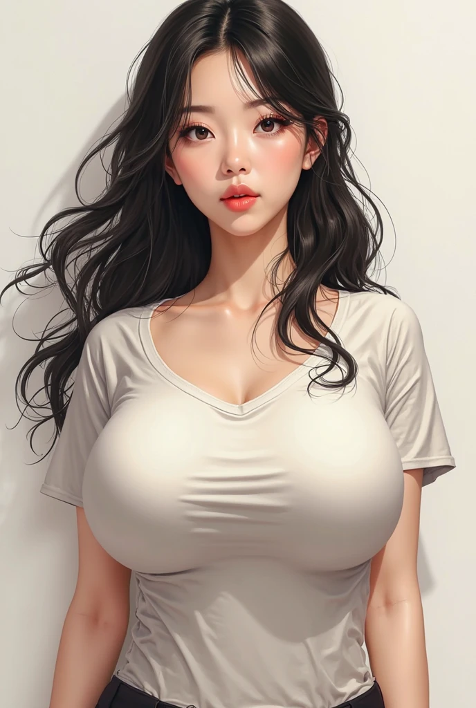 (best quality, masterpiece:1.2), Sketch full view of a hot looking fair skin 29 year old woman standing in front of us. She has brown eyes and long straight black hair. She has big breasts, large breasts. She has a nice curvy physique. She is wearing a crop top and lowrider jeans. Apartment background. Shading. Lighting. Dynamic pose.