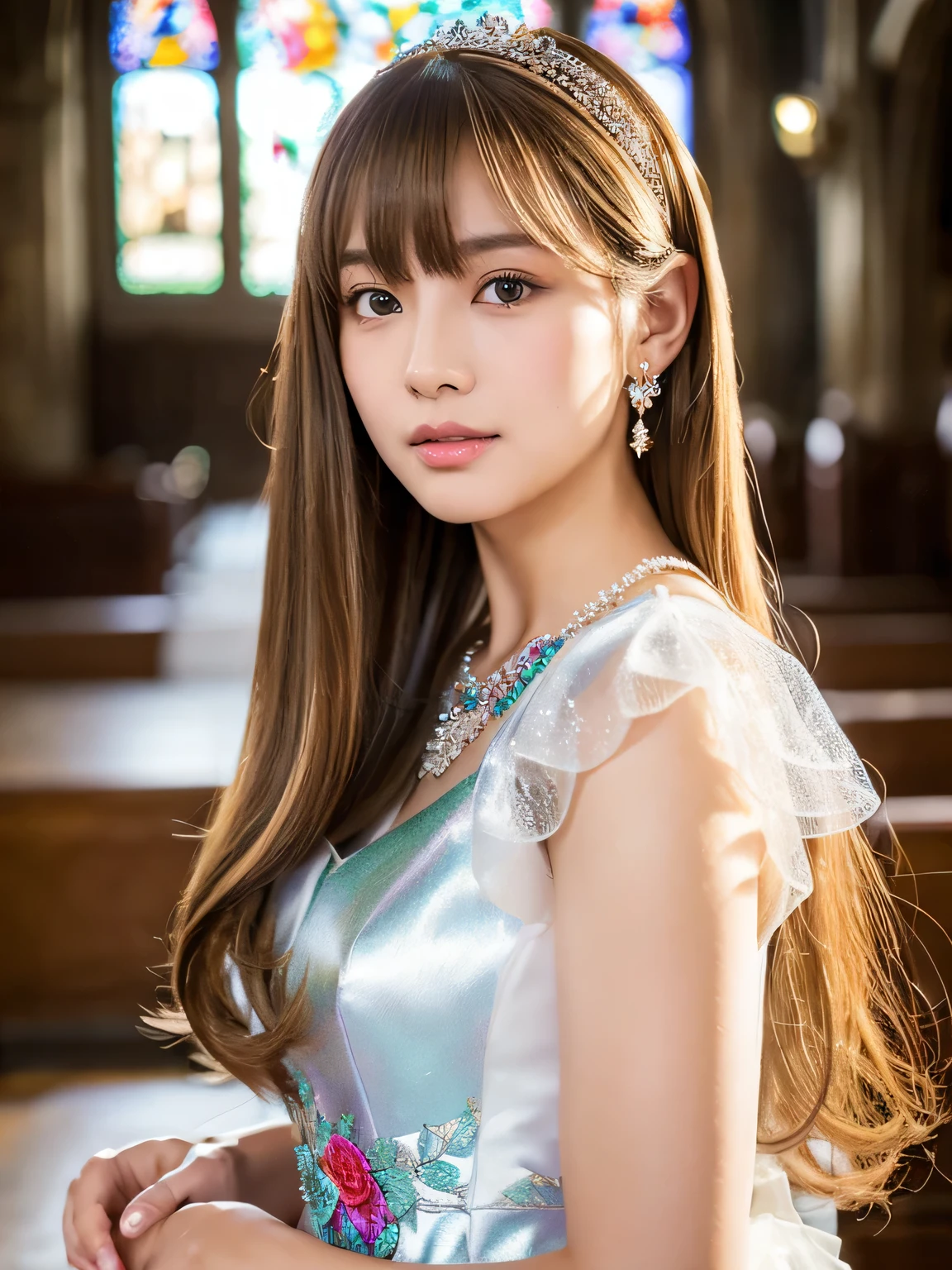 ((whole body)) (big 1.4) Beautiful Fantasy Girl ((Highest quality)), ((masterpiece)), (Get used to it), Perfect Face (1 Girl) (French) (she is 15 years old、The cutest teen in France.) ((Highest quality)), ((masterpiece)), length blonde hair length, 輝く茶colorの髪,Golden Silky Hair, Straight Brown Hair, length blonde straight hair, Perfect Silky Straight Hair, Straight Brown Hair, length blonde hair, sheの髪は長くてまっすぐだ, detailed length ((big 1.4)) Super Long Hair down to the ankles ((Neat bangs The neatly trimmed bangs are princess cut and cover the entire forehead......))... 明るい深紅colorの唇 good, Anatomically correct hand Thin fingers Anatomically correct5本の指 Sexy professional makeup Beautiful French girl face, French facial features, Long Hair shiny Long Hair, length, 輝く茶colorの髪, length, Straight Brown Hair, sheの髪は長くてまっすぐだ, Super Long Hair girl, Silky Hair, length blonde hair, Silky Hair, length, Flat Hair, Silky texture, Long Hair, length, Flowing brown hair, thin and shiny hair Anatomically correct、White beautiful human skin and detail of hands and fingers Beautiful Eyes Mouth Details the corners of the mouth rise slightly Cool look (眉毛のcolorは濃い茶colorです) (黄color dress posing for a picture, Disney Portraits, tumbler, What it is?, wearing organza gown, dressed beautiful gown, lady using 黄color dress, color: 黄color, A woman wearing a sparkly floral dress, elegant 黄color skin, gown, Fantasy Dress, Formal Wear, light 黄color beautiful gown, 黄color theme ) (A church with high quality stained glass..) (she'Random Pause) (Random model standing pose)、Dressed in a white tank top
