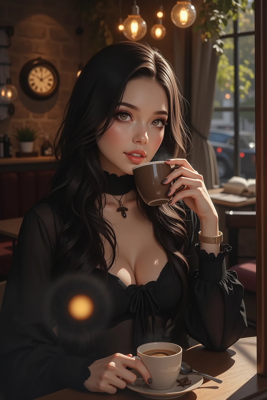 Draw a scene of a Parisian café with a cup of coffee with an elegant beautiful girl