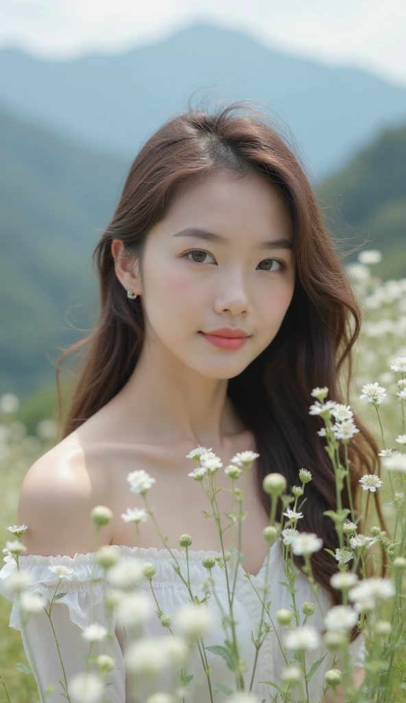 a beautiful woman sitting in a field of flowers, by Jason Chan, realism, photo of slim girl model, yanjun chengt, soft hair, sexy look at the camera, 4k, perfect face, perfect body
