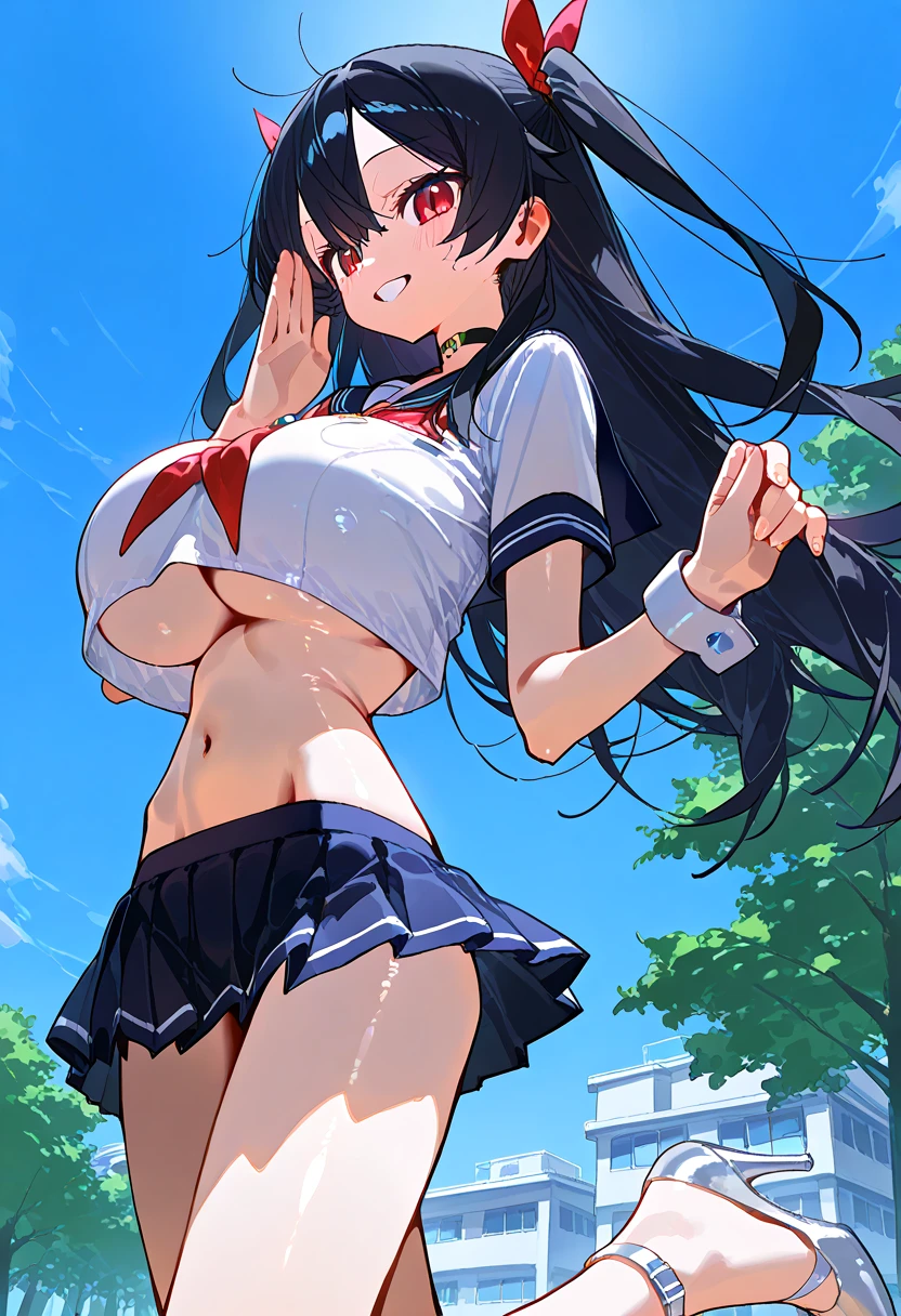 (masterpiece, best quality:1.2), cowboy shot, solo, 1girl, yukinoshita yukino, ((:)1.4)), ((looking at viever:1.4)), ((nipples:1.4)), ((Sky from below:1.4)), ((full body)), (squating:1.4)), yukinoshita yukino
school uniform
black jacket
plaid skirt
thighhighs, outside, ((blushing:1.4)), ((armpits)), ((hands behind head)), ((black loafers:1.4)), sunny day