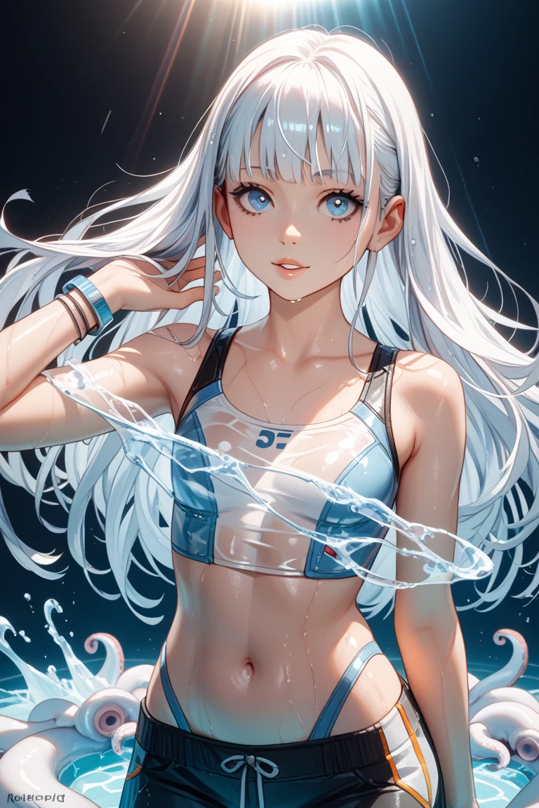 masterpiece, best quality, 4k, UHD, mishoujo, beautiful eyes and detailed face, illustration, beautiful detailed, high resolution illustration, glowing_white_particles, 1girl, white hair, light purple eye, hair over one eye, short side tail, baseball cap, expressionless, CHECKED 1950S HALTER BOWKNOT ONE-PIECE SWIMSUIT, cyberdark beach background