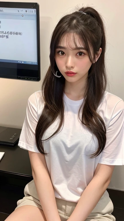 highest quality、masterpiece、Office Lady、Black Pantyhose、White Room Wallpaper、Wood Grain Floor、((Front view from below))、Medium Hair、White shirt、Tight Skirt、Staring at the audience、White panties、Sexy Underwear、small breasts、Sitting with legs apart on the floor of a room