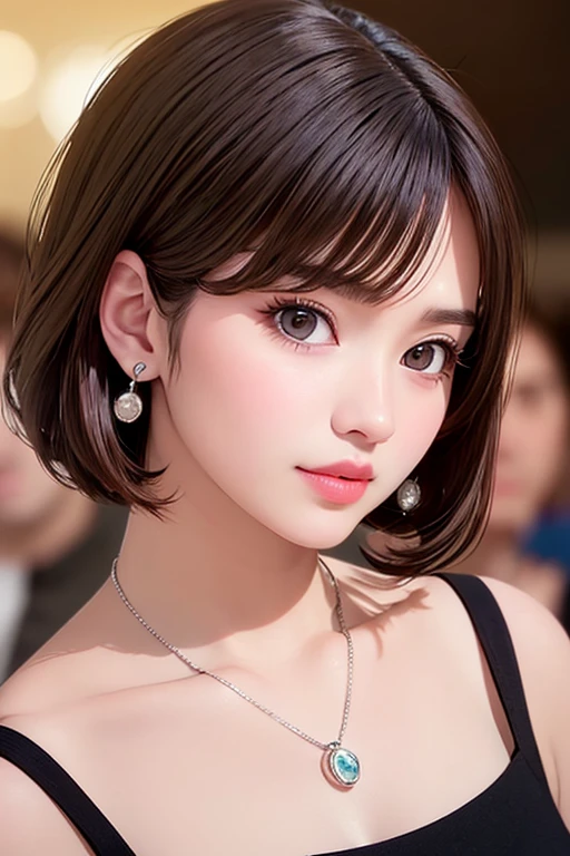 masterpiece, film grain, upper body photo of a Young girl in a white camisole, solo, absurdity, realistic(face, body, skin), (cute:1.35), cuties, (big breasts:1.275), detailed black eyes, innocent eyes, blusher, light(loose & oversize black jacket:1.2), (bare shoulder), jewelry, earrings, short hair, (messy bob hair), areola slip, areola slip out, shiny pink lips, closeup, look at viewer, long hair, upper body, open lips, upper teeth, (smiling eyes:0.375), ((grinning:1.125)), depth of field, outdoors, cinema light, blurred background, eye focus, Bokeh, Professional Lighting, Portrait, Photon Mapping, Radiosity, Physically Based Rendering, soft light,