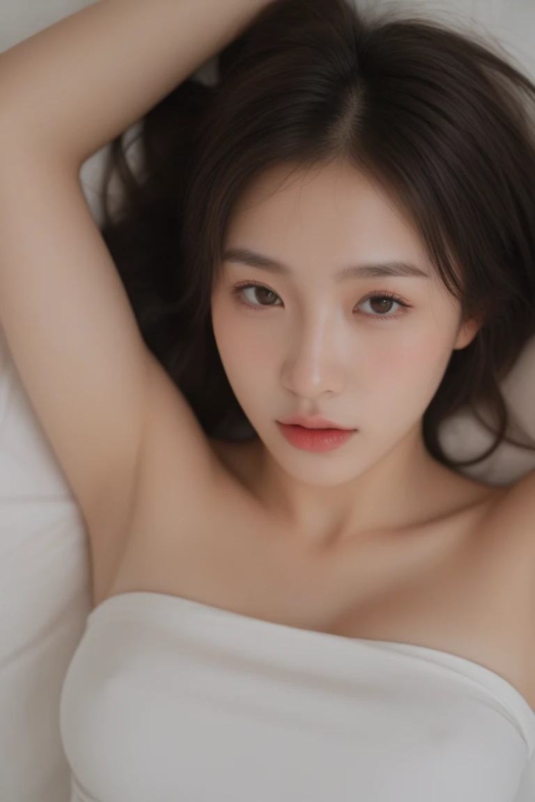 Dark brown hair、Light brown eyes、Japanese actress、 Lady、I am about 40 years old...、(Intricate details:1.2)、(Which is the top???:1.4)、 (Ultra-high resolution:1.2)、Ultra-high resolution、(Finely tuned)、(Detailed facial features)、Hmph、8K resolution、D cup size breasts、Long Hair、Updostyle, Updo、Hair Bun、1 Girl, Deep sorrowの表情, (Very detailed美しい顔), (camisole:1.5), (Bare shoulders:1.3), (Highest quality:1.4), (Very detailed)、Beautiful fair skin with transparency,  Are sleeping、Sleeping on the floor、Top View、 Spread your legs wide, Open your mouth a little、Her legs are visible through the dress、Deep sorrow、Pose of Weakness、Obscene pose、White floor、White wall、The morning sun shines in、Sleep on your side。
