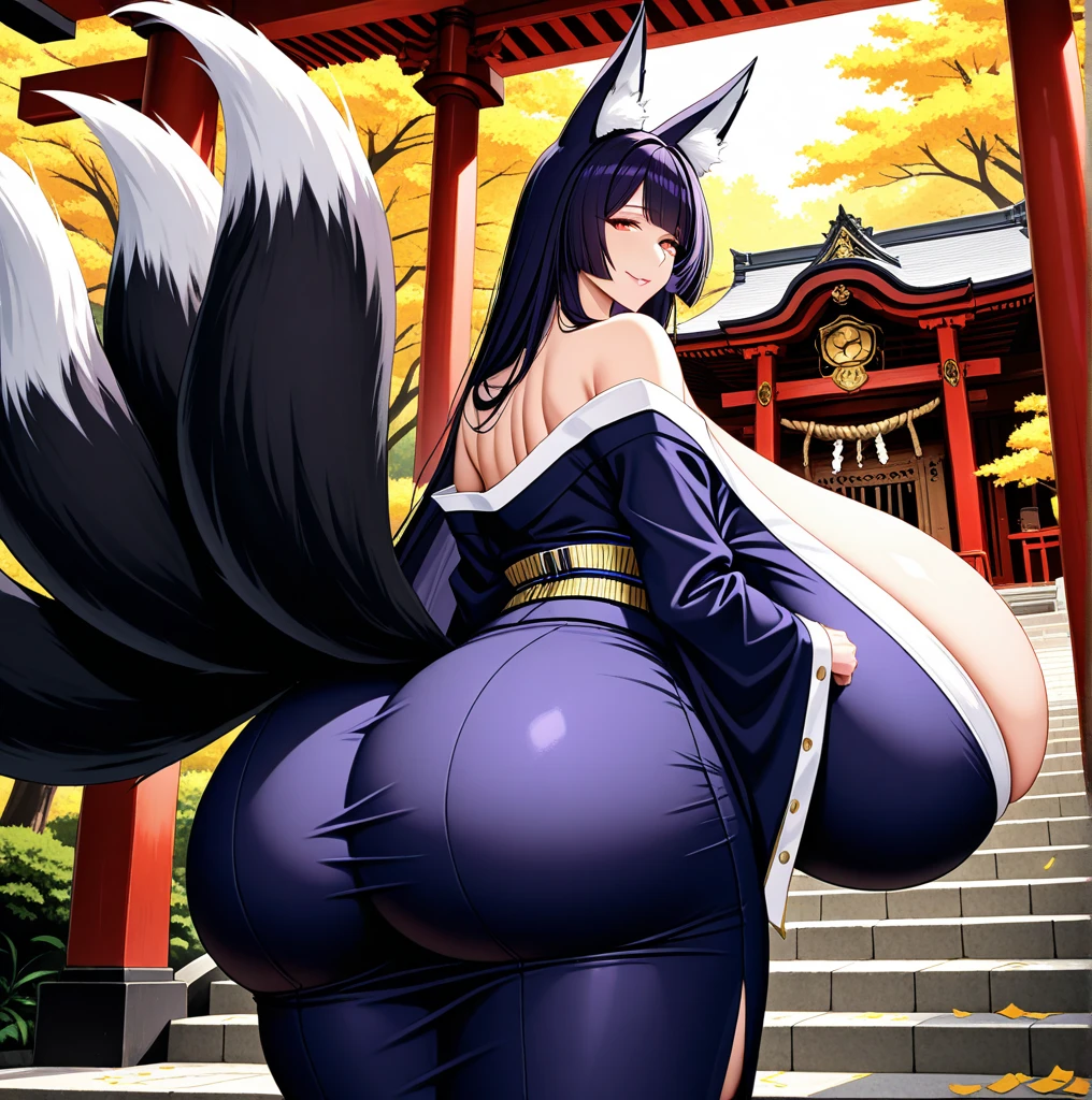 Furry, Huge Boobs, Female, indigo fur, Kimono, fox girl, thicc, fluffy body, thicc, chubby, plump, anthro, rear view
