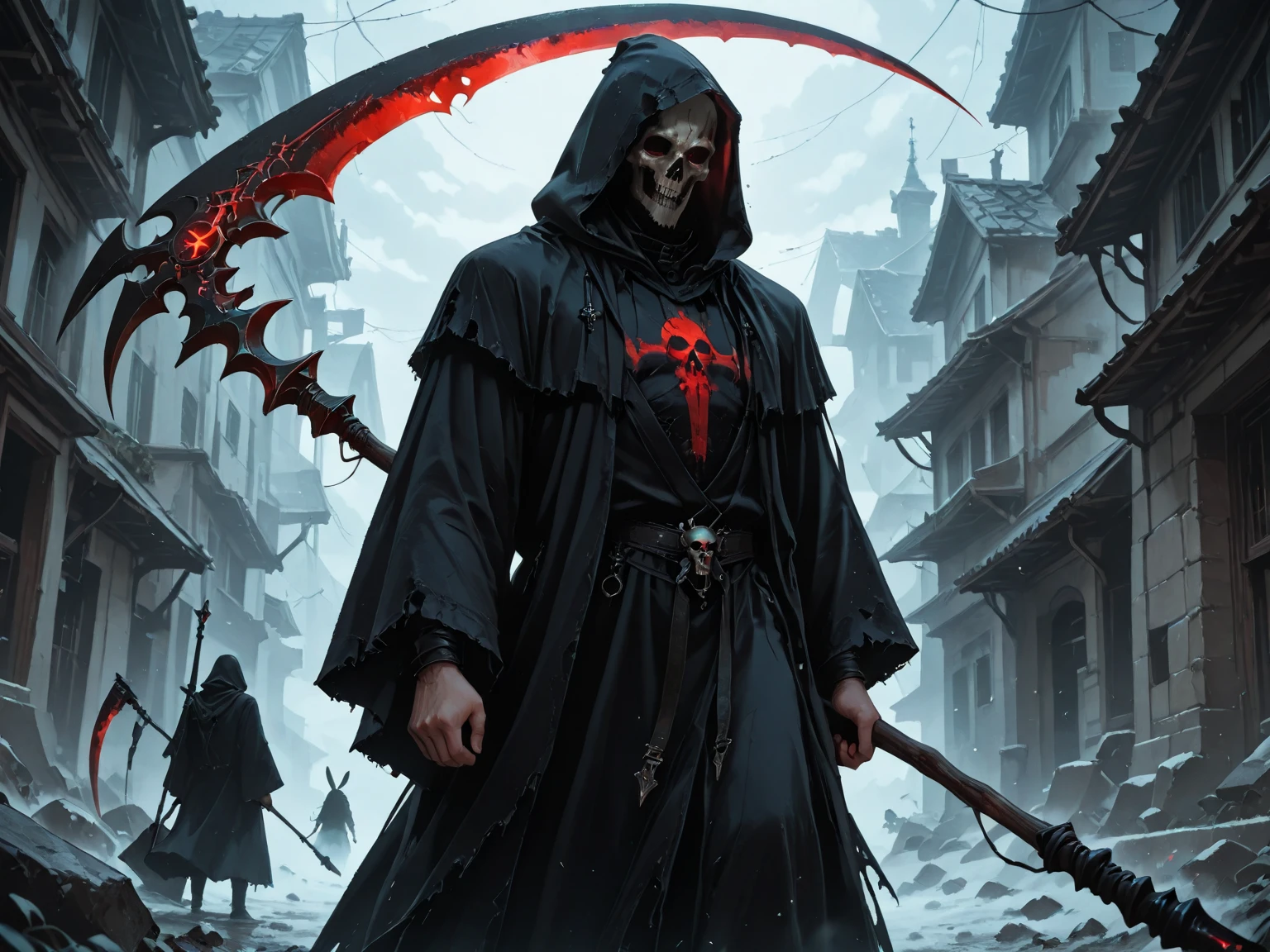 An assassin, male, fantasy character, physically strong, wearing a skull mask covering his face and eyes, dressed in black medieval attire, with a white hooded cloak over it, gray hair, short hair, red eyes, holding a dagger, nighttime background.