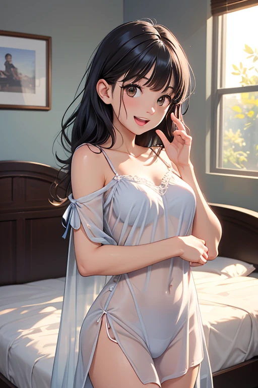 very cute and beautiful girl,(highly detailed beautiful face),(smile:1.2),blush,black hair,low twintails,looking at viewer, wet,sweat,sitting,spread legs,(transparent white camisole),arms behind back,exposing thighs,antique hotel room,gorgeous furnitures,window,ocean view, (best quality,masterpiece),absurdres,highres,ultra-detailed,extremely detailed,32k,8k resolution, intricate details,cinematic scene,detailed background,solo,dynamic angle, (realistic),perfect hands,