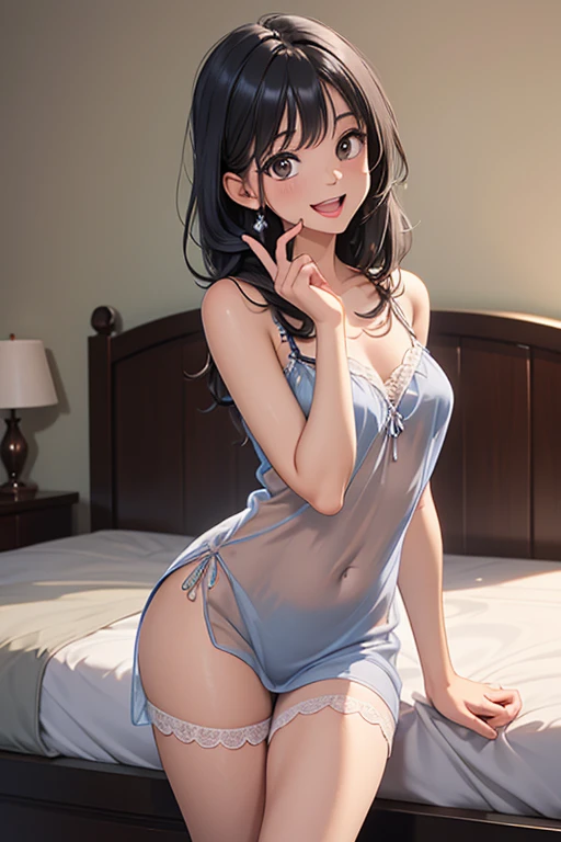 Lying in bed in a nightgown、makeup、cleavage on the chest、Attractive:1.5、Thighs are exposed、Clothes are disturbed、