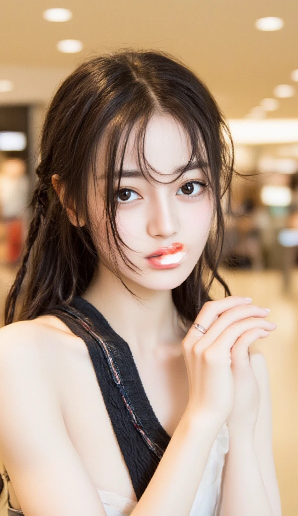 finely, High resolution, high quality、完璧なダイナミックな構figure, beautiful and fine eyes, medium hair, 、natural color lip,Kamimei、Shibuya Ward、20 year old girl、1 person、transparent skin、shining hair、table top, 最high quality, figure, super detailed, finely, High resolution, 8K、correct state of the human body、squat、hair flying in the wind、small breasts、camisole、Angle from above