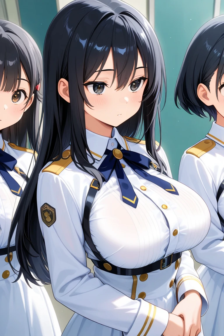 Expressive eyes, (((1 girl))), ((anime)), (Black Hair, Long Hair,), (blue eyes), (Half closed eyes), ((Very large breasts)), ((Perky breasts)), ((Cleavage)),(Exposed breasts), ((Thighs)),((Police uniform)),((Wearing a police officer's hat)),((Micro Bikini,Nipples)), ((Underbust)),((Knee socks)), ((Blunt bangs)), ((Shorts, white, Race)), ((city), Captivating smile, Princess Cut, Shiny Hair, (masterpiece), Anatomically Correct Art, Very detailed, Advanced Details, high quality, 最high quality, High resolution, 4K, 8k,