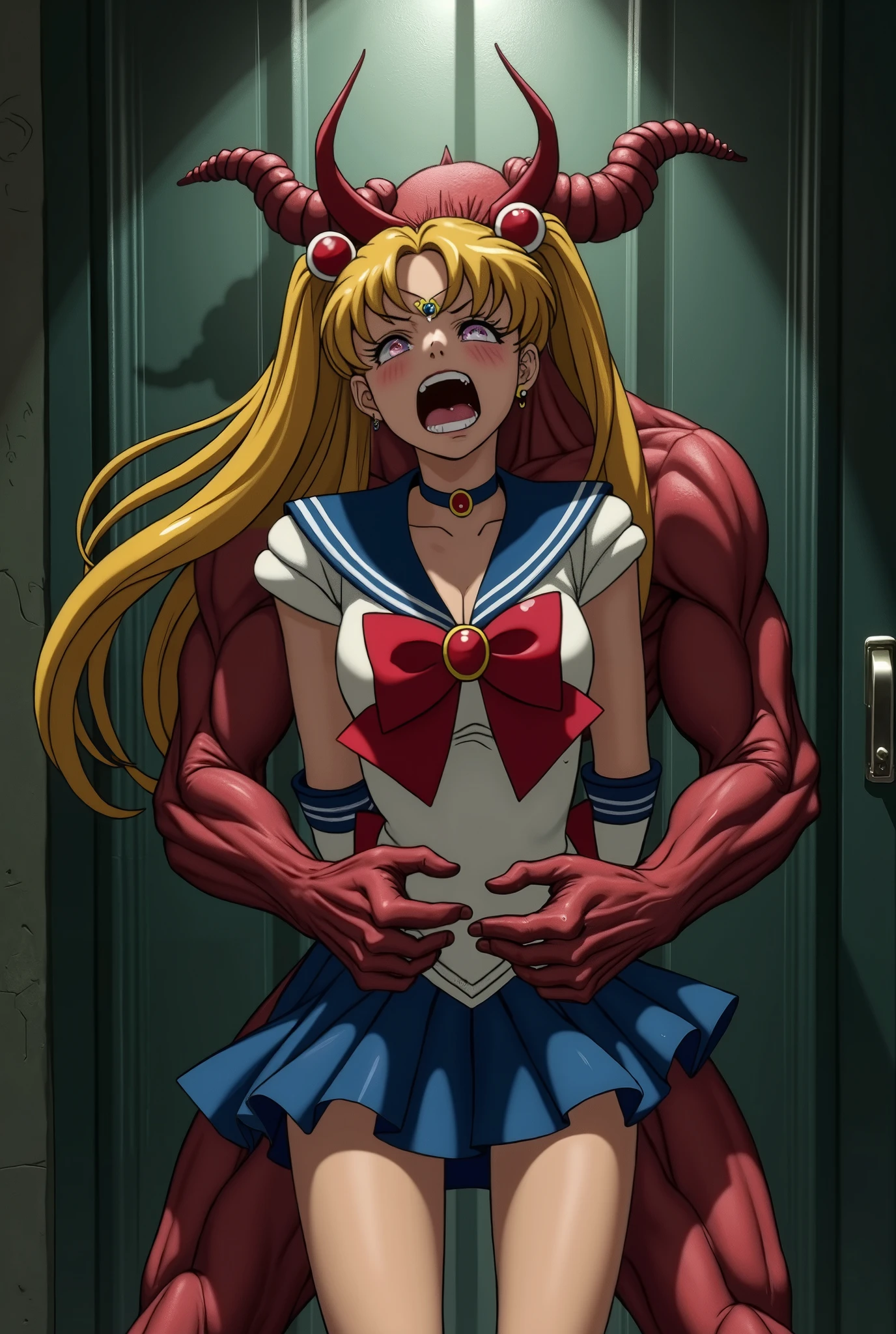 Hyperrealism, masterpiece, highest quality, A young Japanese woman is hugged from behind by a devil, beautiful face, ((she is crying and screaming in pain)), painful face, arms behind her back, her hands on the devil's crotch, she is wearing a Sailor Moon costume, Blue sailor collar, Blue short mini pleated skirt, she is wearing a very short blue mini pleated skirt, Long white gloves, shiny beige color pantyhose, Exposed thighs, red long boots, big choker, long blonde Hair, a naked devil is standing sexual assault her from behind, he is holding her arm tightly and lifting her skirt up, he push his private part into her skirt, he kiss her neck, in the jail, dark environment, spot lighting,