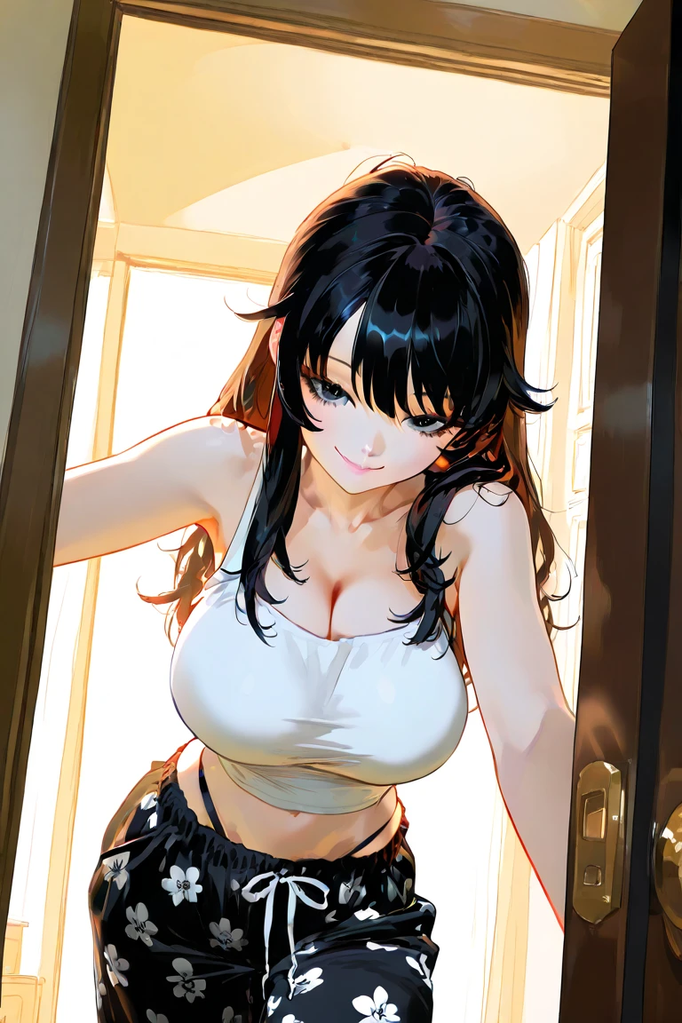 Masterpiece,Highest quality,8k,Ultra-high resolution,appropriate margins,lighting,Depicted from the waist up,BREAK,(1 person),Very beautiful adult woman,Slim body,(The richest big breasts),Deep cleavage,Moisturized Skin,BREAK,(Black Hair),mascara,Red eyeliner,Light pink lip,Thin teak,Thin eyebrows,BREAK,Light blue eyes,Moles in the eyes,BREAK,Bright expression,Open your mouth a little,BREAK,A little long hair,Unshaven,BREAK,(Red Sleeveless Sweater),(Shorts),BREAK,Eye contact