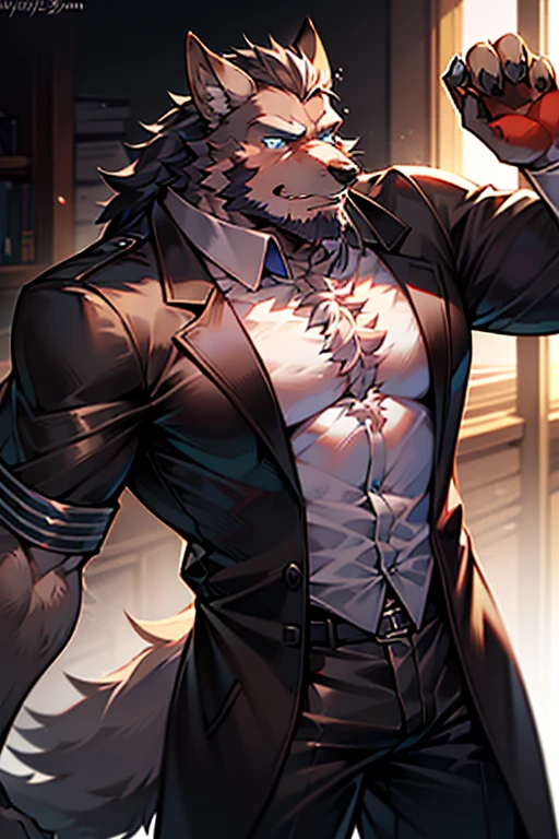 furry, muscular, male, solo, wolf, clothed, by dangpa