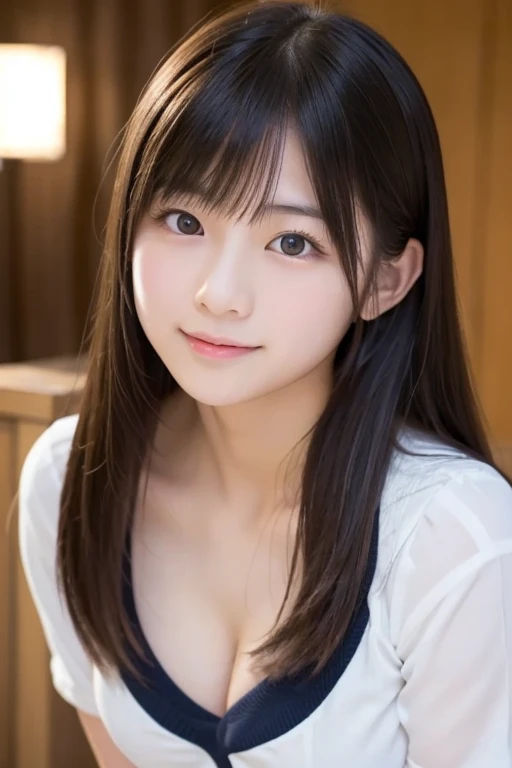 masterpiece,best quality,(Japanese ),((Beautiful girl)),cleavage,indoor,(perfect body beauty:1.2),(shy smile),beautiful teeth,