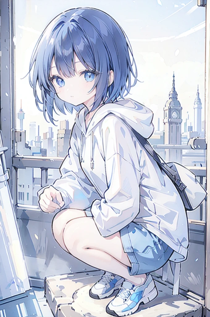 masutepiece, Best Quality,Illustration, Wallpaper, Ultra Detail, absurderes, 1loli, Solo, (Medium short hair、short braided hair), Beautiful detailed eyes , (Street), luminous sky,(a panoramic view:1.3),(Sense of depth:1.5)