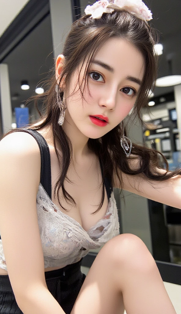 Anime-style woman, thin, thin, whole body, Full of tattoos, Lots of earrings, Beautiful and shiny hair, Rainbow Eyes, Slanted Eyes, Wavy Hair, Kind and charming, Expose your shoulders, Delicate and sexy collarbone, Attractive oval face, double eyelid, Pink Lips, Small Nose, Concentrated face, Ultra-high resolution, Very detailed, Graceful posture, Nice, ultra-thin, Transparent Black Cherry Blossoms(Regular cherry blossoms)Patterned mini dress, Glowing Skin, Realistic Background, sunlight