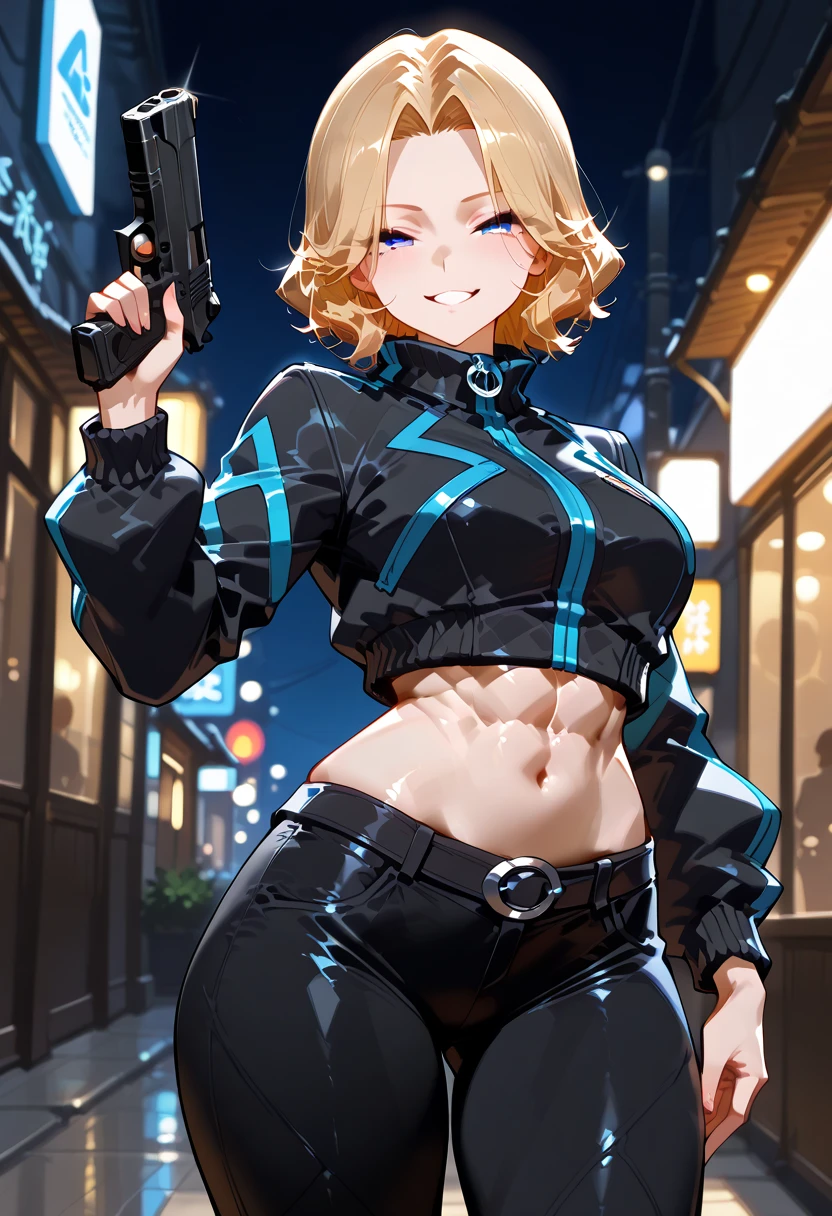 sorrir, sangue_Skelter, olhos brilhantes, blonde hair, Roupas amarelas, Lutando, Lutando, Dano de batalha, sozinho, Roupas rasgadas, olhar reto, Very detailed, anime, disco Rigido, master part, desenho, 8k, profissional, symmetric, (Olhos detalhados, iris of the eyes:0.5), (Looking at camera:0.8), olhos azuis, cabelos amarelos, Sparks, raios