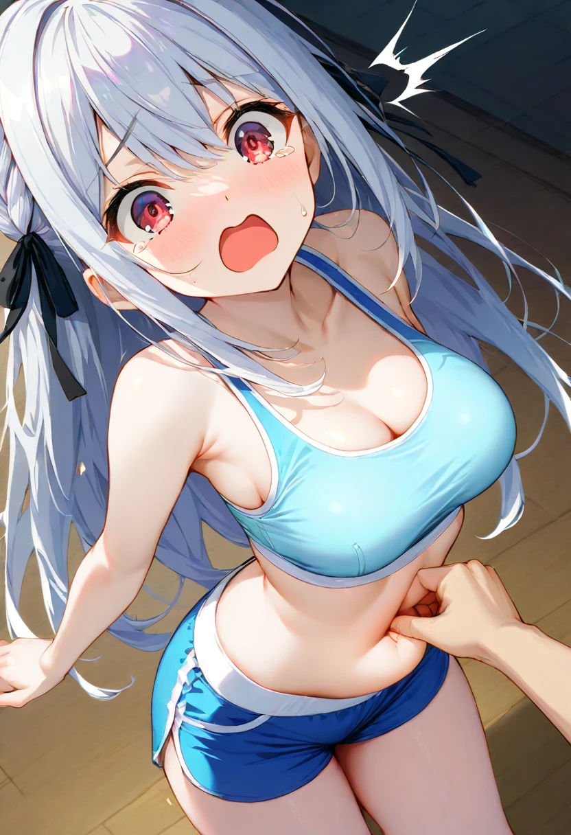 ((masterpiece)),((best quality)),(ultra-detailed),(an extremely delicate and beautiful),detailed background,((1girl)and(1shota boy)),((((hetero)))),(((wrestling ring))), ((((1girl,short stature)))),((((miyako(swimsuit)/(blue archive/)))),official alternate costume,(slender body:1.4), (long hair,ponytail),white hair,bangs, purple eyes, (midium breasts), covered navel, collarbone, pale skin,shiny skin, ((She wears one piece swimsuit,frilly swimsuit, hair ribbon)), (panicking, wavy mouth:1.4), clothing aside, cowgirl position, bouncing breasts, (((man of top))), nipple, penis, pussy, vaginal penis, (((motion lines))), (((vulgarity))), motion lines, leaning forward, POV, holding hands, interlocked fingers, ceiling, looking down from below, looking at viewer,((((ejaculation)))), (cum in pussy:1.4),cum on clothes,cum on breasts,((((1shota boy,short stature)))),(petite),large penis,dark-skinned shota,interracial,