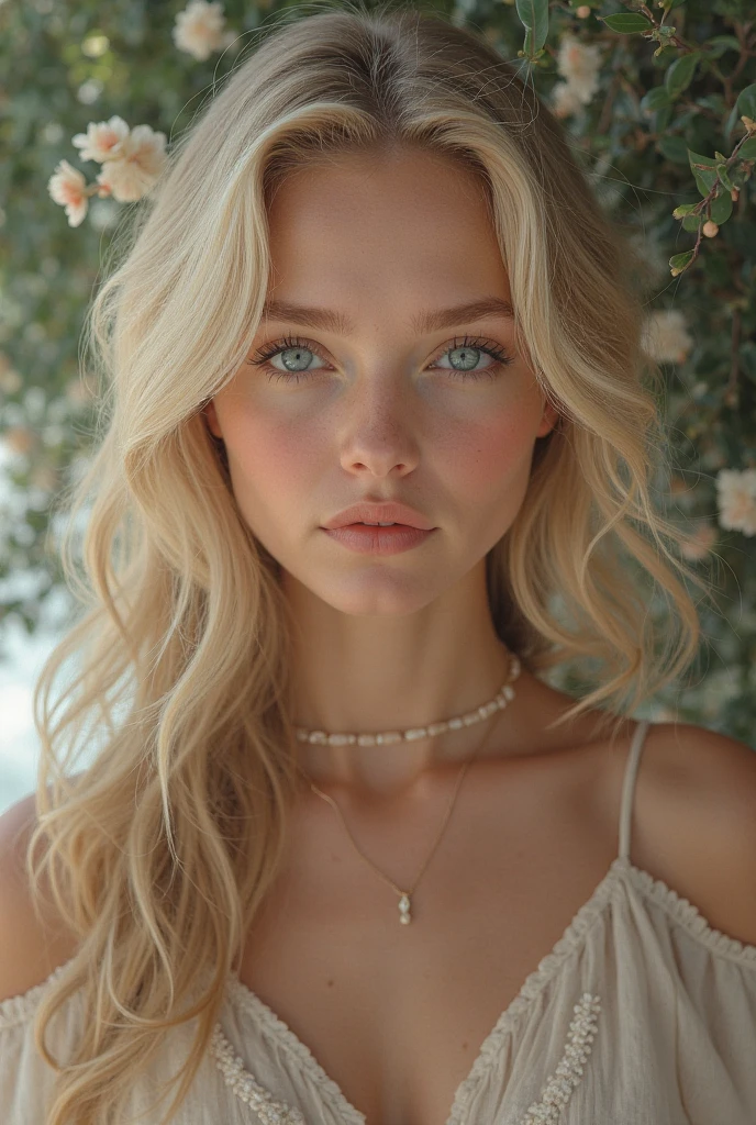 Blonde with straight hair, soft face and chest 