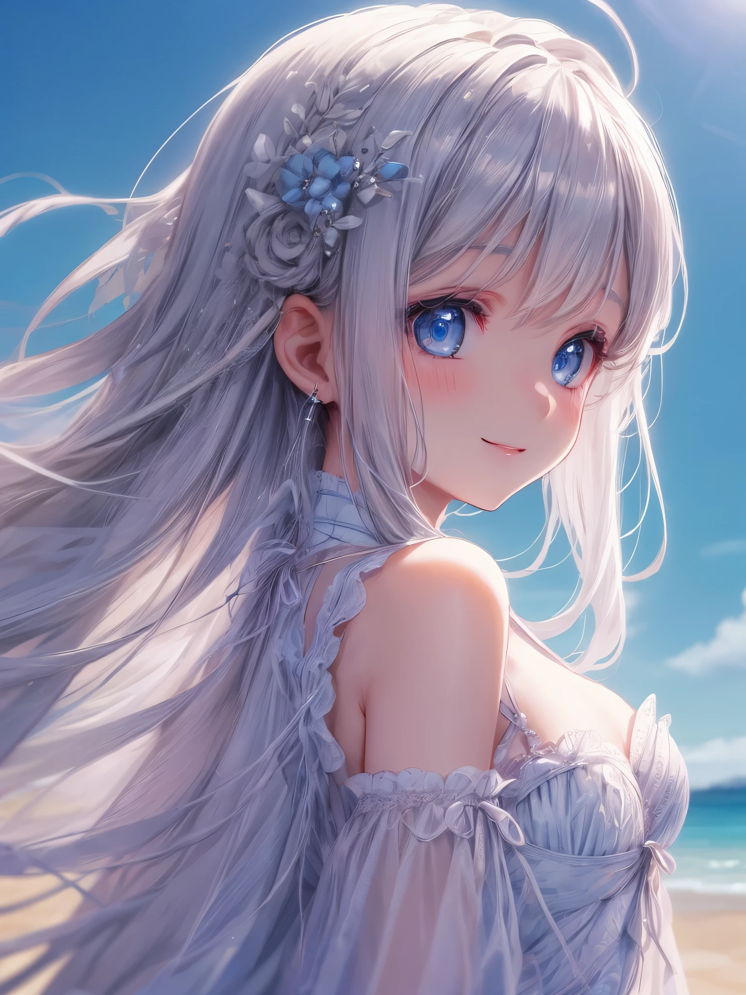 Art by Cornflower, Dreamy
(A petite girl with beautiful fine eyes.) The depth of field in the photo was perfect and the lens flare made it feel nice. The fine features of her face really stood out, and the score in this photo was definitely over 10. In the background, there was a beautiful sea with crystal clear water and water droplets floating on it, a girl was lying in the water, thin robes, white robes, almost naked, white skin, fairy wings on the back, whole body, (small breasts),