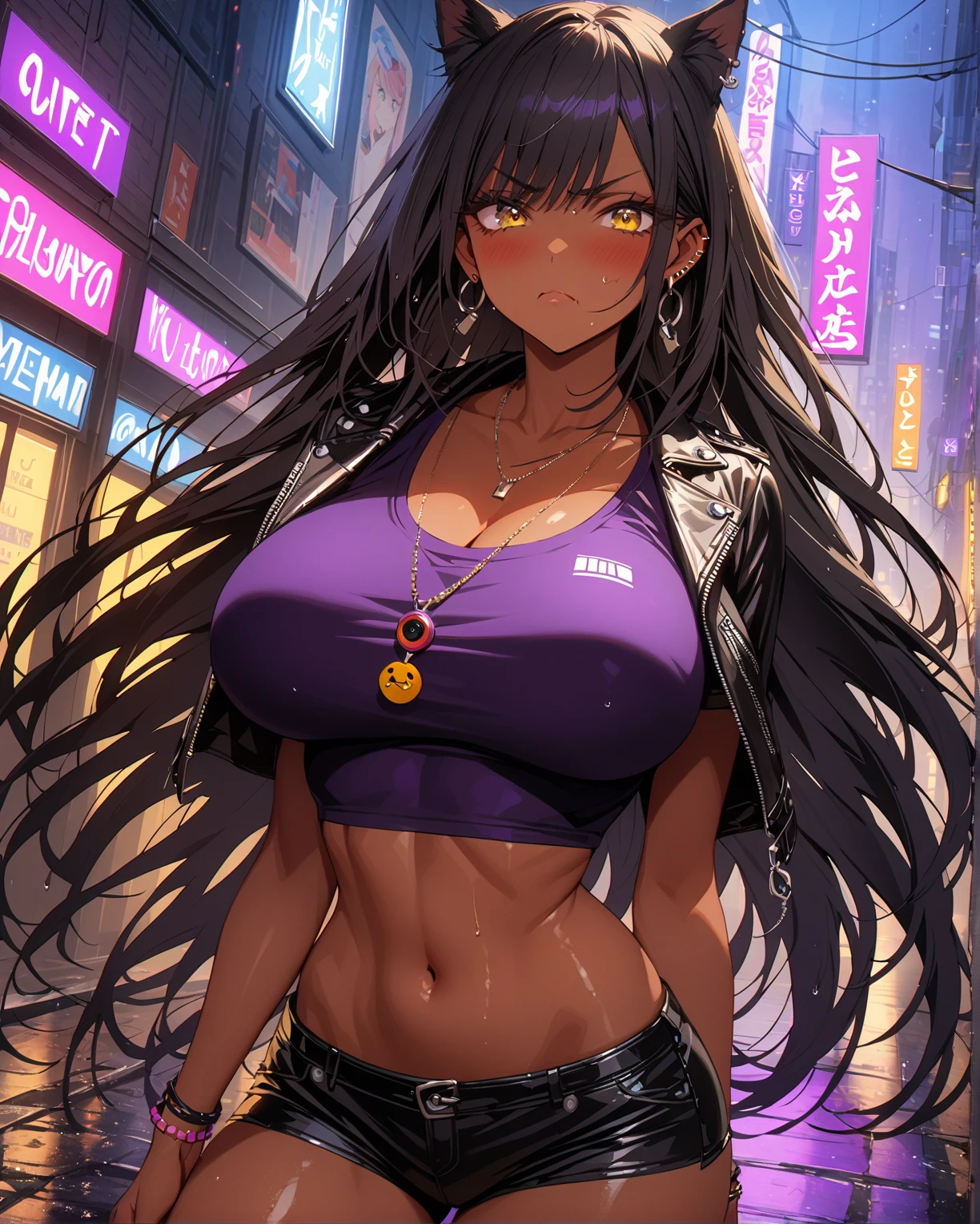 (masterpiece:1.37), best quality, (extremely detailed:1.37), woman, (very long hair:1.5), dark purple hair, purple eyes, (extremely detailed eyes:1.37), (wetting self:1.75), large breasts, stylish jacket, multicolored jackt, jeans, cleavage, navel, city, high-tech, street