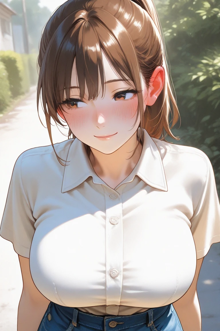 (masterpiece:1.2, top-quality, ultra high res, ultra detailed), (realistic, photorealistic:1.4), beautiful illustration, (natural side lighting, movie lighting),
looking at viewer, (face focus, upper body), 1 girl, japanese, high school dirl, perfect face, (perfect anatomy), cute and symmetrical face, baby face, shiny skin, slender
(long hair:1.5, straight hair:1.2, sark brown hair), parted bangs, grey eyes, long eye lasher, (medium breasts),
beautiful hair, beautiful face, beautiful detailed eyes, beautiful clavicle, beautiful body, beautiful chest, beautiful thigh, beautiful legs,
((detailed cloth texture, short sleeve white collared shirts, navy blue pleated mini skirt, red neck ribbon), , ,
(beautiful scenery), In a wooded area, amidst thick vegetation, a girl's shirt was sweaty and her cleavage was visible. The girl's breasts were large and her nipples were standing out, even on top of her clothes.
Her face is bright red, her brow is furrowed, and her mouth is open in an expression of delight.
The girl is wearing a very short skirt.
, (lovely smile, upper eyes),