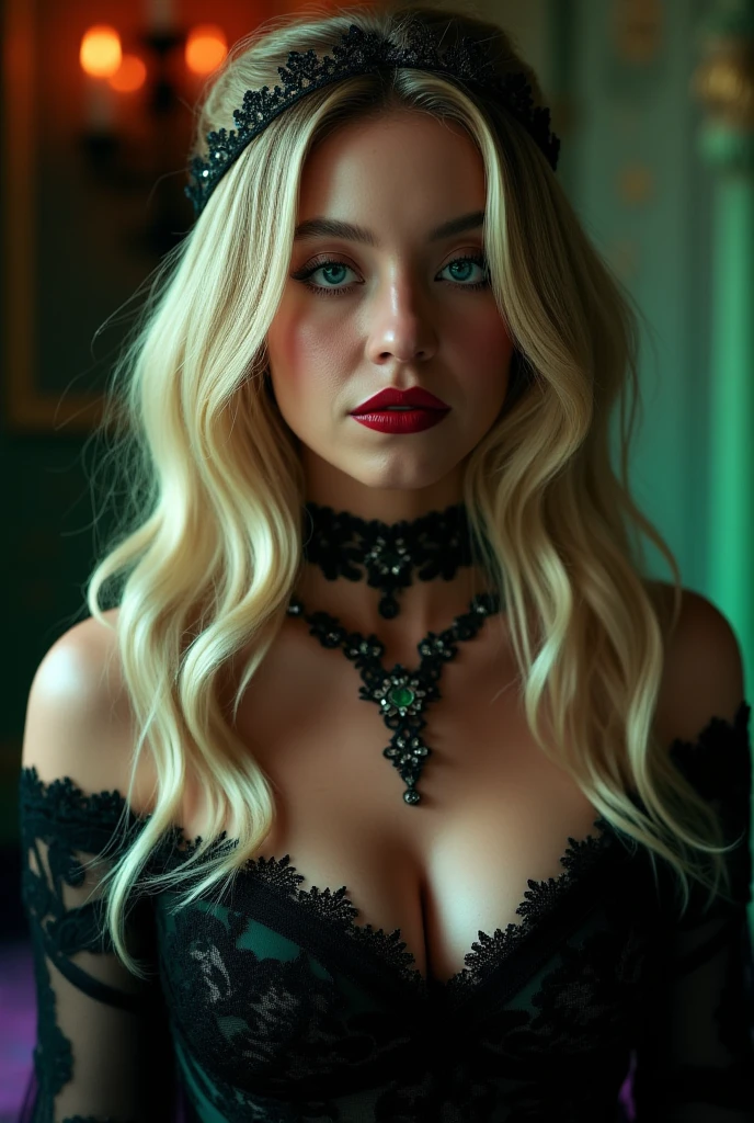 a gothic vampire elsa, beautiful detailed eyes, beautiful detailed lips, extremely detailed face and features, long eyelashes, ornate gothic dress, pale skin, dark makeup, dramatic lighting, moody dramatic atmosphere, cinematic composition, chiaroscuro lighting, dark fantasy, digital painting, matte painting, highly detailed, 8k, photorealistic, (best quality,4k,8k,highres,masterpiece:1.2),ultra-detailed,(realistic,photorealistic,photo-realistic:1.37),dramatic colors,deep shadows,dramatic backlighting,intricate details