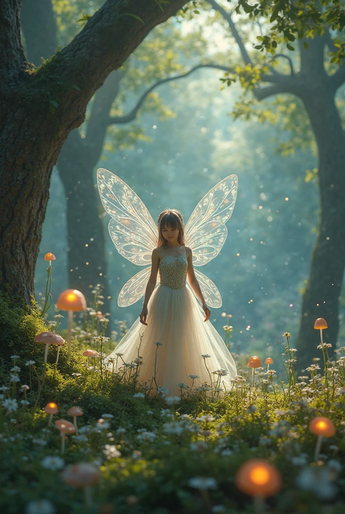 /imagine prompt: A whimsical forest teeming with mythical creatures, unicorn prancing alongside streams glittering with silvery fish, vast woodland carpeted with luminescent moss under a canopy of ancient, towering oaks, a serene yet otherworldly aura permeates every inch, misty air filled with the sweet scent of blooming nightshade and hints of a mysterious allure, dappled sunlight peeking through dense foliage, casting playful patterns on the ground below, with rays occasionally catching the wings of a flitting fairy --ar 3:2 --c 12 --s 420 --q 2.