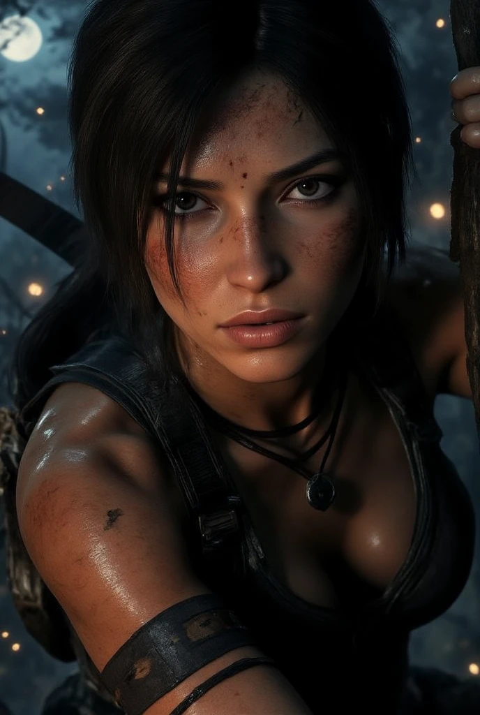 (tomb raider outfit:1.2), half closed eyes, crying, modelshoot style, (extremely detailed CG unity 8k wallpaper), woman, masterpiece, highres, shallow depth of field, Sharp focus, hdr, 8k, Cannon EOS 5D Mark III, 85mm, Cinematic, beautiful punk , symmetry , Flirty character portrait, full body , Amazing photography ,dynamic compositon, full body photo, De-Noise, f 5.6 , 85mm, CineStill 800T, film photo, flowing, elegant pose, realistic portrait, round eyes, skin texture, soft natural lighting, intimate composition, Cinestill 800T, modelshoot style, (8k wallpaper), perfect, masterpiece, highres, absurdres,broad light, Sharp focus, natural lighting, masterpiece, 4K, high quality, (((slim))), (smirk), (big eyes)