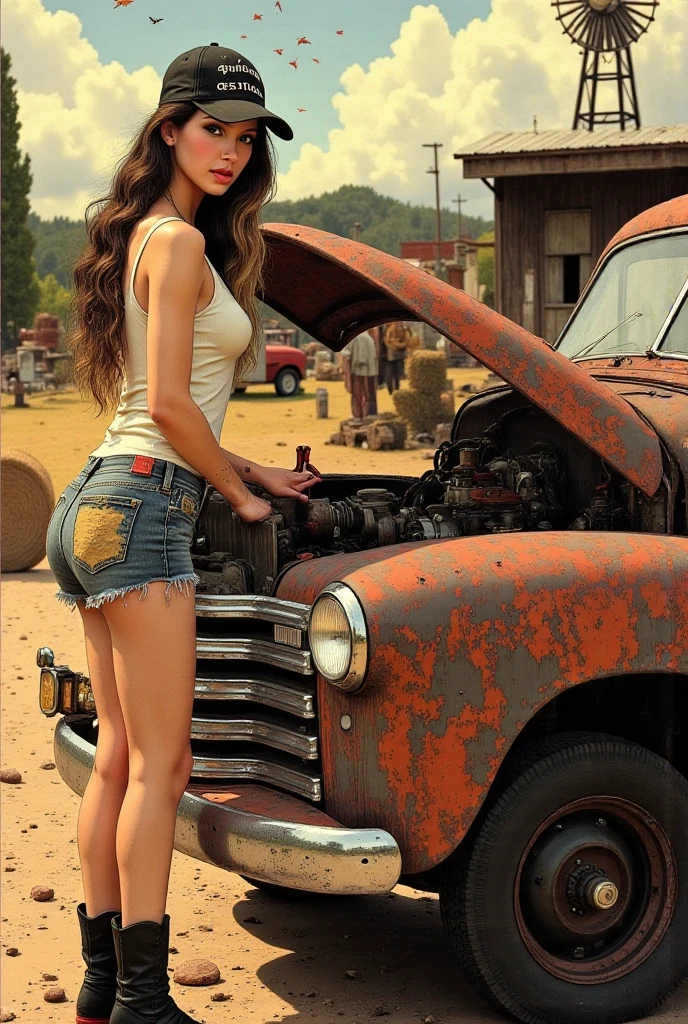 A semi-naked woman sitting on top of a 9-axle truck with the words PAPALEGUAS written on it