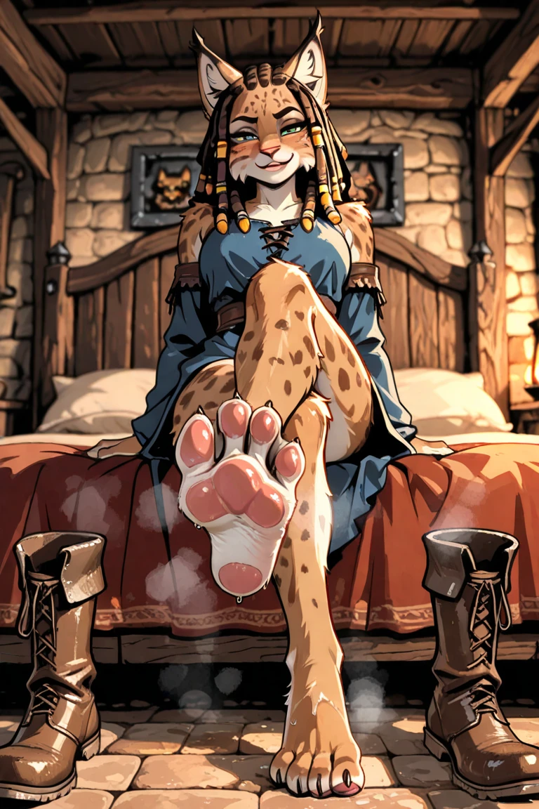 (((Barefoot furry character, full body, cinematic setting, furry female, plantigrade, nice feet paws))) Illustrate a refined and poised cat anthro with sleek silver-gray fur and striking aquamarine eyes. Adorned in fashionable attire with subtle botanical patterns. The figure sits barefoot on lounger with crossed legs in a luxurious spa environment, surrounded by potted plants like botulinum-producing Clostridium botulinum, amidst bottles labeled "serum" and "elixir," referencing the medical use of (((botulinum toxin))). (((showing soles of feet paws to viewer.))) BREAK, detailed background, 8K, (masterpiece:1.5), intricate details, highly detailed, extreme detail, octane render, fine art, best quality, highres, (detailed face:1.5), ((full_body)), UHD, (((perfect hands))), low light