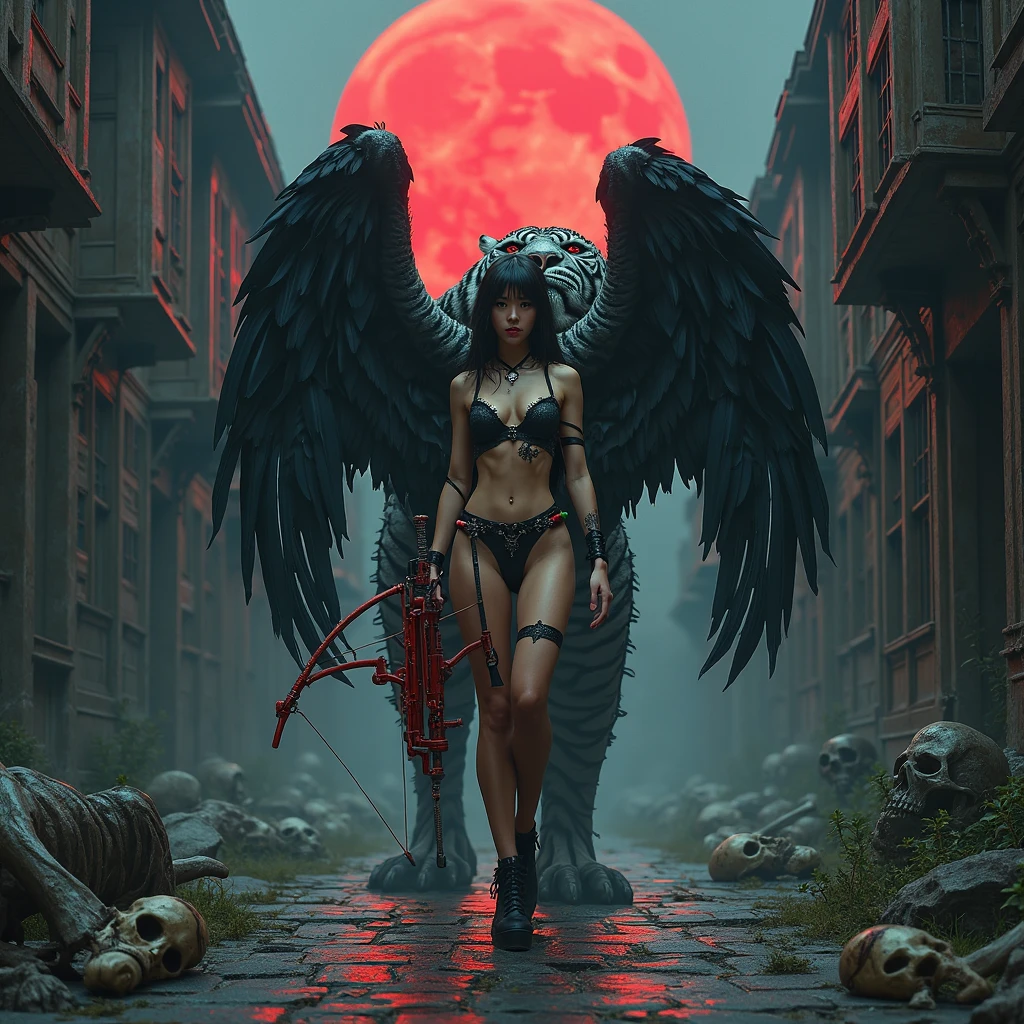 «An ominous blood red moon in a smoke filled sky overlooks a crumbling apocalyptic city street ravaged by war. A evil and alluring fallen angel, red wings spread, descends carrying a trident. Her piercing eyes glare with malcontent. Extremely detailed matte painting, cinematic vivid colors, volumetric lighting, Unreal Engine, 8K»